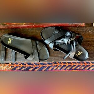 NWOB beek Black Leather platform memory foam ankle tie Women's Sandals 9